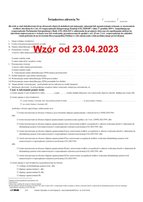 Świadectwo dla świń ze stad zlokalizowanych na obszarach objętych dodatkowymi nakazami - A4