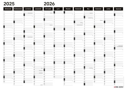 Planer ścienny szkolny kalendarz 2026/2027 A0 suchościeralny B&W