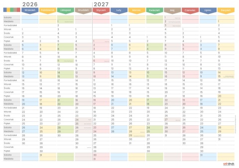 Planer ścienny szkolny kalendarz 2026/2027 A2 suchościeralny TĘCZA