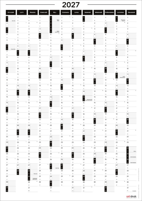 Samoprzylepny Planer ścienny kalendarz 2027 B2 suchościeralny pionowy B&W